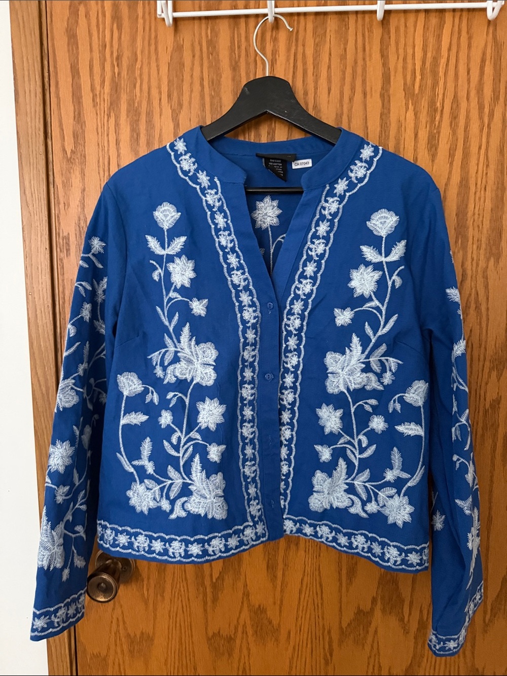 Embroidered Blue Floral Button-Front Jacket